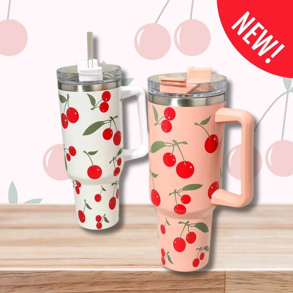 40 oz NEW Cherry Print Stainless Steel Hot Cold Travel Mug Tumbler Cup Mug - Picture 1 of 6